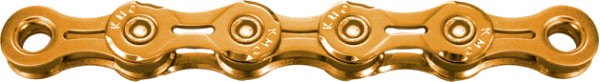 Kæde (gold) fra KMC model X11EL, 118 led. 11 speed Extra Light (XL), vægt 242 g. Ti-N  Titanium Nitride coating, ultra glat overflade