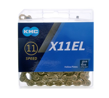 Kæde (gold) fra KMC model X11EL, 118 led. 11 speed Extra Light (XL), vægt 242 g. Ti-N  Titanium Nitride coating, ultra glat overflade