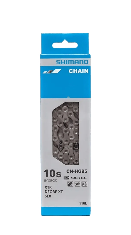 Kæde Shimano HG95 XT (sølv) 10-speed, led: 116. Retningsbestemt kæde med SIL-TEC. Vægt: 280 g.