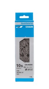 Kæde Shimano HG95 XT (sølv) 10-speed, led: 116. Retningsbestemt kæde med SIL-TEC. Vægt: 280 g.