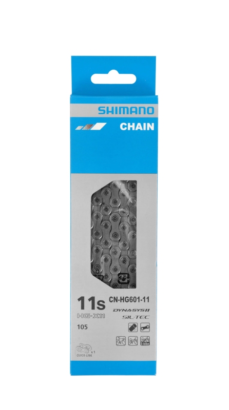 Kæde Shimano HG601-11 (sølv) 11-speed, led: 116. Retningbestemt kæde med SIL-TEC & Quick_Link. Vægt: 260 g.