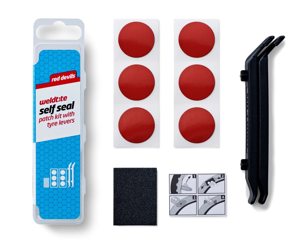 Lappesæt Red Devil Self Seal Patch Kit fra Weldtite.  Anbefales til alle slanger inklusiv Tubolito-  og TPU-slanger (thermoplastisk polyurethan).