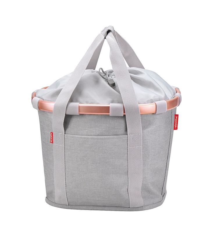 Klickfix Bikebasket cykelkurv (twist sky rose). Frontkurv med snørrelukning, yder- og indre lomme. Vol: 15 L,, max bæreevne 5 kg.