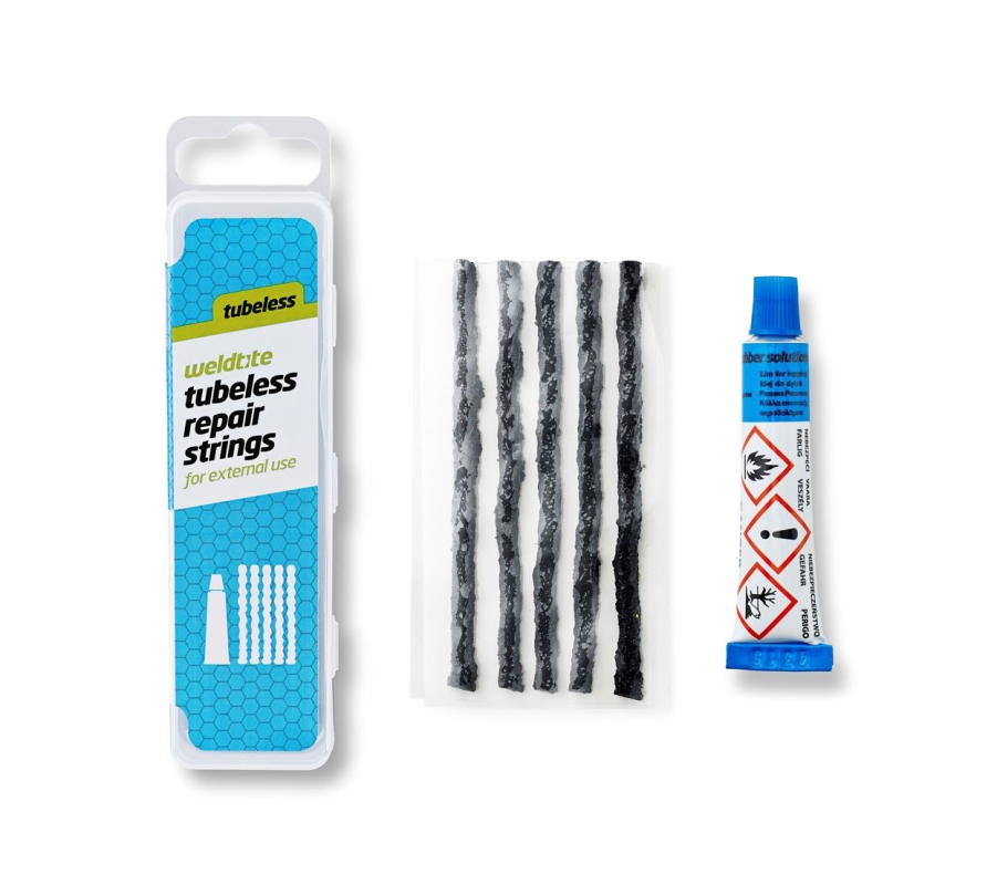 Weldtite Tubeless lappemateriale til dæk inkl. lim 5 dæk-plugs samt lim i praktisk transportæske.