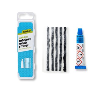 Weldtite Tubeless lappemateriale til dæk inkl. lim 5 dæk-plugs samt lim i praktisk transportæske.