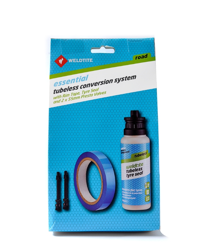 Tubeless Conversion System - Road Weldtite 2x55 mm prestaventil,10 m. x 19 mm. tubeless tape og 240 ml. tubeless tire sealant