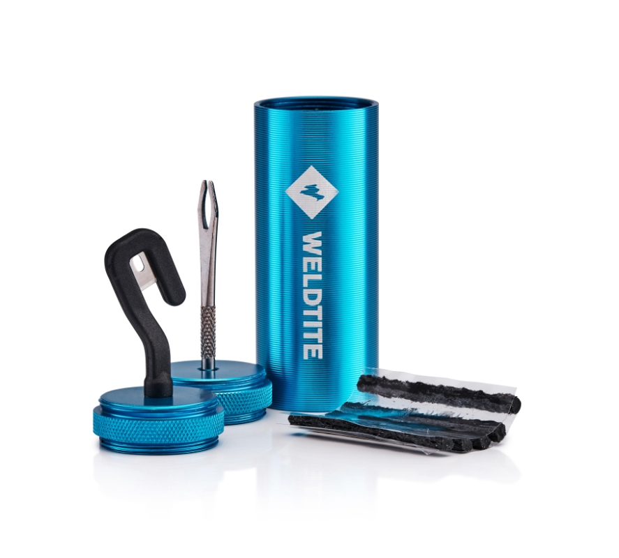 Weldtite Tubeless Capsule reparationssæt til dæk. 5 x Tubeless reparationsstrenge, 1x Rasp & split, eye tool, 1x sikkerhedskniv 1x alu. beholder.