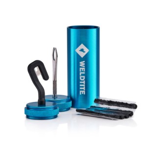 Weldtite Tubeless Capsule reparationssæt til dæk. 5 x Tubeless reparationsstrenge, 1x Rasp & split, eye tool, 1x sikkerhedskniv 1x alu. beholder.