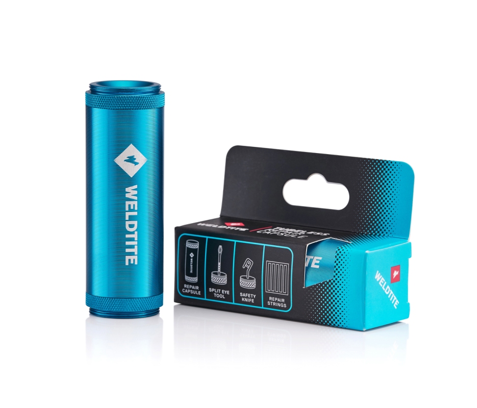 Weldtite Tubeless Capsule reparationssæt til dæk. 5 x Tubeless reparationsstrenge, 1x Rasp & split, eye tool, 1x sikkerhedskniv 1x alu. beholder.