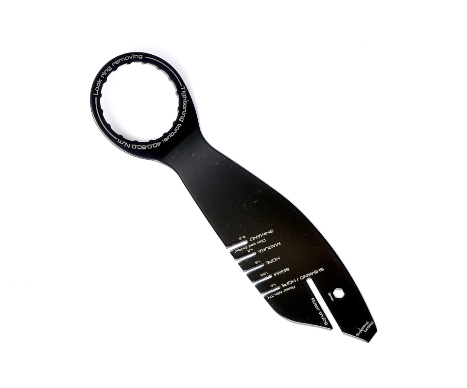 Bikepartner 5:1 multiværktøj til bremseskiver:  Bremseskivemåler (tykkelse), bremseskive-opretter, stempel-presser og momentforøger til 5 mm unbrako.