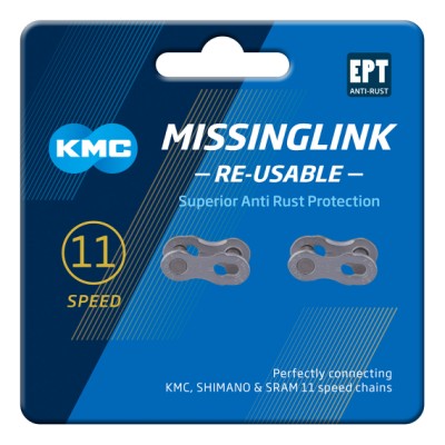 KMC Missinglink 11 speed. Samleled (sølv) med EPT (anti rust). Til Shimano, Campagnolo og Sram. 2 stk. Re-usable.
