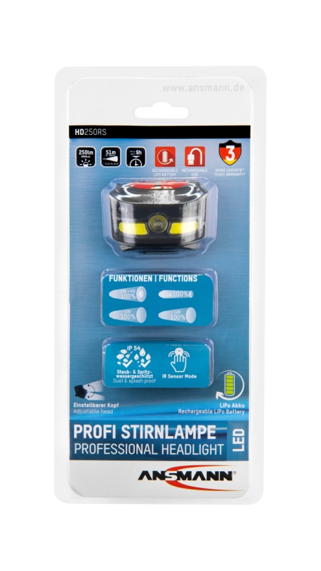 Pandelygte Ansmann med SENSOR 250Lumen Opladelig. Tænd & Sluk uden berøring