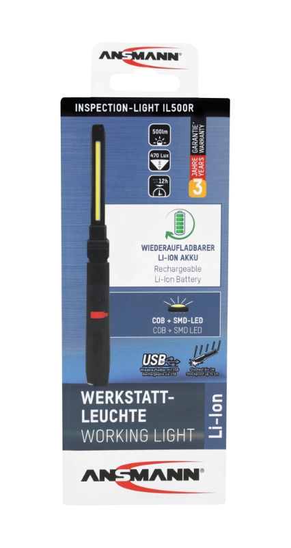 Værkstedslygte Ansmann 500 Lumen. Opladelig, magnet, krog, foldbar og andre funktioner