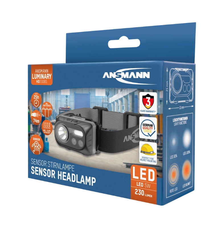 Pandelygte Ansmann med SENSOR 230Lumen 3 x AAA batterier. Hjelm clip medfølger