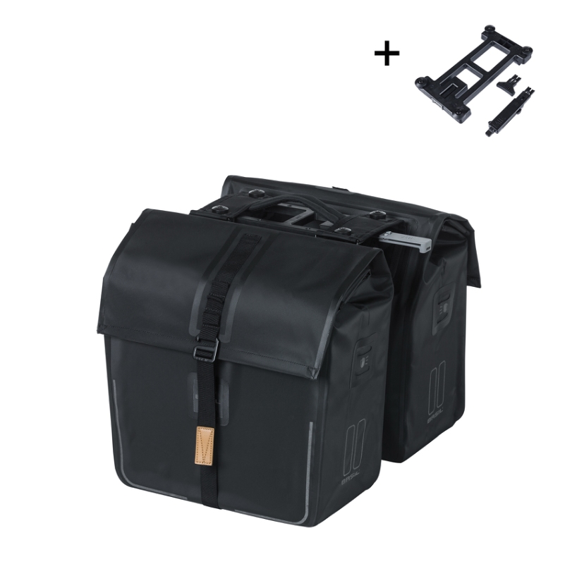 Taskesæt BASIL MIK Urban dry Sort Bag 42x17x36cm dobbel 50L, water proof. Inkl.MIK adapter på tasken.