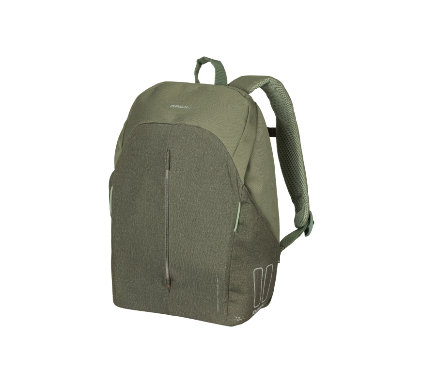 Cykeltaske fra BASIL model B-Safe Commuter  Nordlicht. Farve: Olive, dim. 41x14x32cm, vol. 17 L, Indbygget USB port, LED lys m.m.