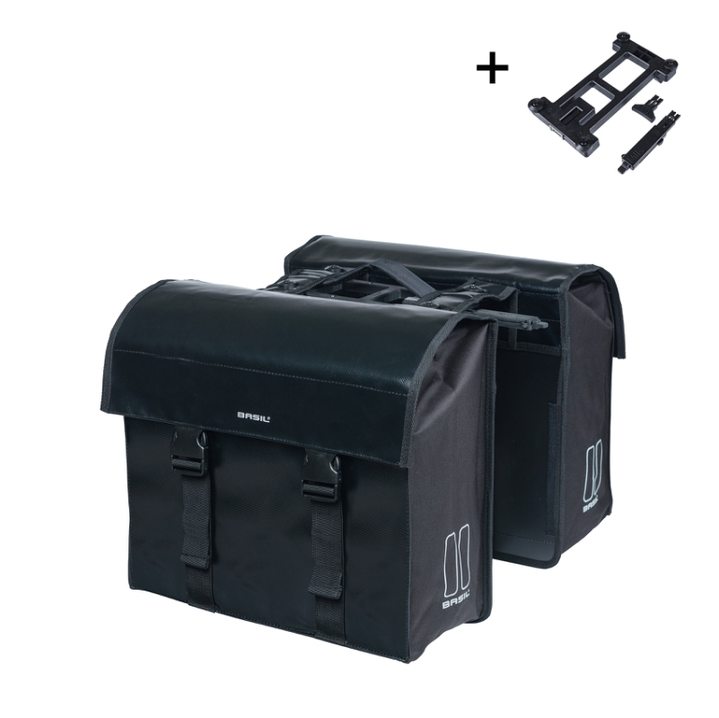 Taskesæt (sort) fra Basil model Urban Load MIK. Vol. 48-53 L, vandafvisende materiale (tarpaulin)  og volumen kan reguleres. MIK montering