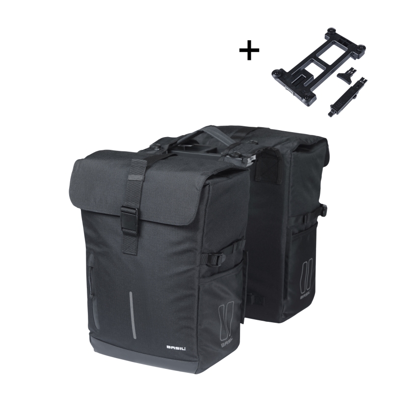 Taske sæt BASIL MOVE Commuter MIK 2.0 Dobbelt Pannier (sort). Dim.: 27x16x38 cm, vol.: 30 L. Leveres inkl. MIK 2.0