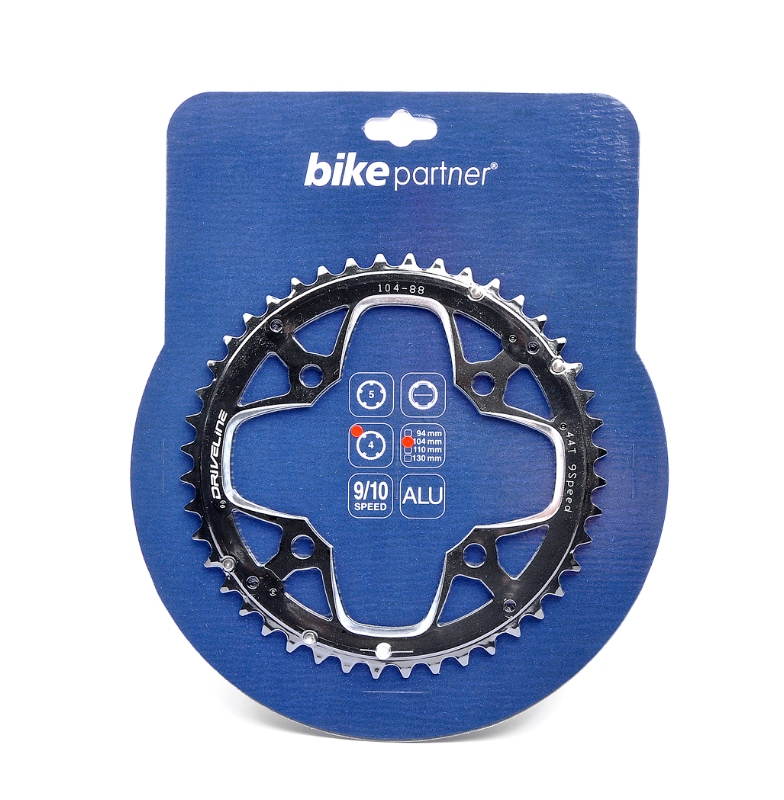 Klinge DRIVELINE 44T Alu Sort ø104 4hul 9/10sp 5182 alu m.løfte nitter pin