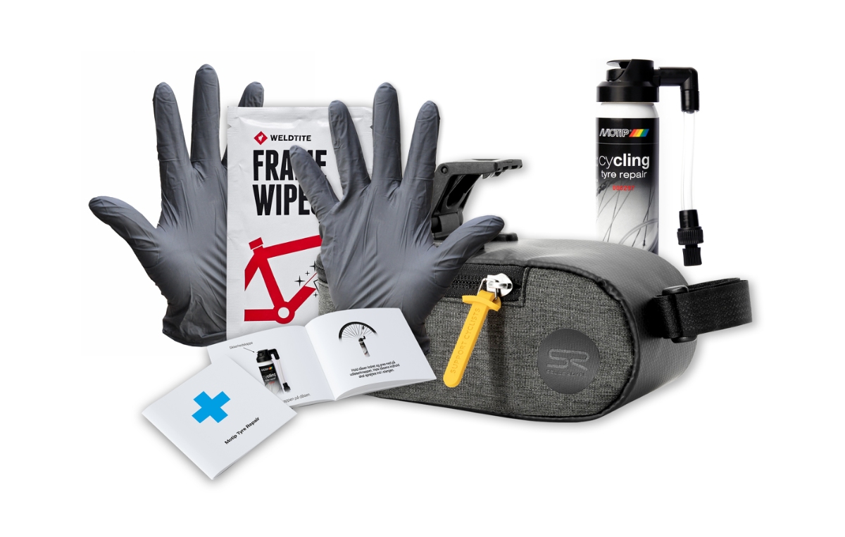 Sadeltaske (0,6 L) fra Selle Royal (KUN til ICS)  Motip tyre repair, latex handsker, renseserviet & brugervejl. Tasken er vandafvisende.