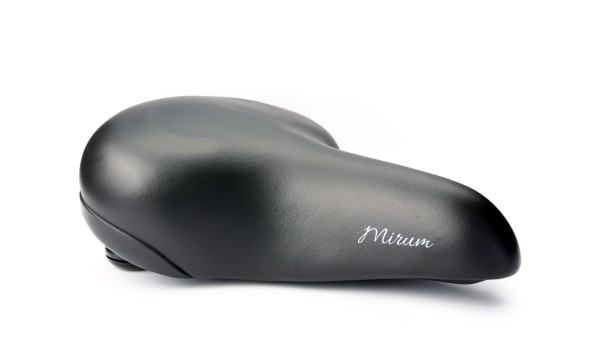 Sadel (unisex) fra Bikepartner model Mirum. 90° kørestilling. Gel indlæg, vandtæt betræk og elastomer for øget komfort.