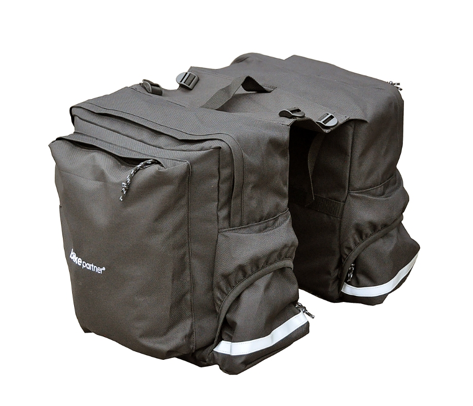 Taskesæt Bikepartner Tanja (sort/grå) 2-delt med bro. Til montering på bagagebærer (bag). Volumen: 45 L.