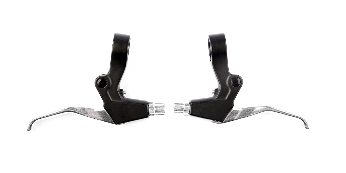 Bremsegrebssæt (sort/sølv) i aluminium fra Bikepartner. Til V-bremser & mekaniske  skivebremser. 2 finger greb med reach justering.