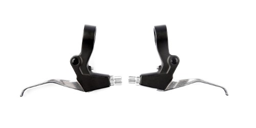 Bremsegrebssæt (sort/sølv) i aluminium fra Bikepartner. Til V-bremser & mekaniske  skivebremser. 2 finger greb med reach justering.