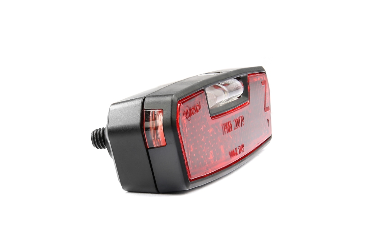 AXA baglygte JUNO E m. refleks til elcykler.  DC 6-12 V spændingsvidde. Monteres på bagage- bærer (hulafstand 50 mm).  Lev.uden ledning.