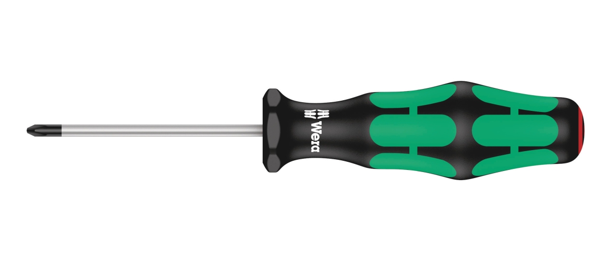 Skruetrækker krydskærvs PH0. Flerkomponent  kraftform greb. Elektrikerklinge (60 mm lang). Med sekskant rullesikring mod at rulle væk.