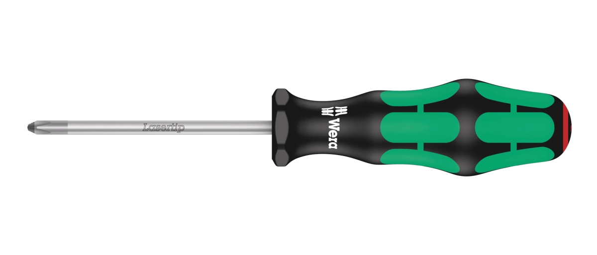 Skruetrækker krydskærvs PH1. Flerkomponent  kraftform greb. Elektrikerklinge (80 mm lang). Lasertip-spids til bedre hold i skruehovedet.