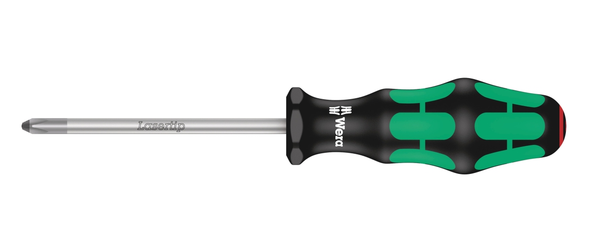 Skruetrækker krydskærvs PH2. Flerkomponent  kraftform greb. Elektrikerklinge (100 mm lang). Lasertip-spids til bedre hold i skruehovedet.