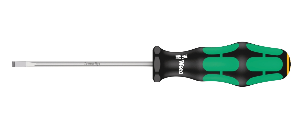 Skruetrækker lige kærv 0,8 mm. Flerkomponent  kraftform greb. Elektrikerklinge (100 mm lang). Med sekskant rullesikring mod at rulle væk.