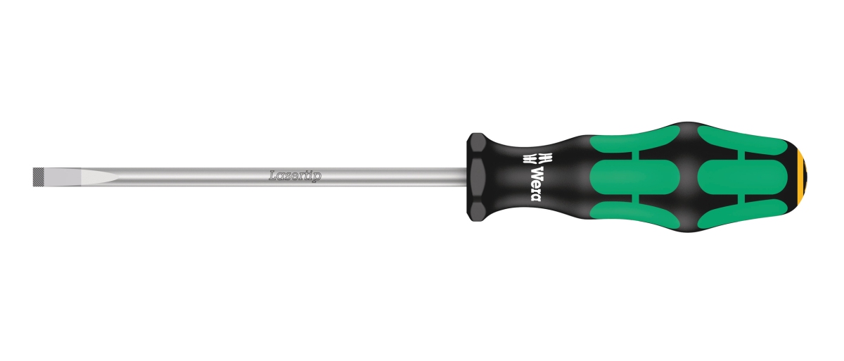 Skruetrækker lige kærv 0,4 mm. Flerkomponent  kraftform greb. Elektrikerklinge (125 mm lang). Med sekskant rullesikring mod at rulle væk.