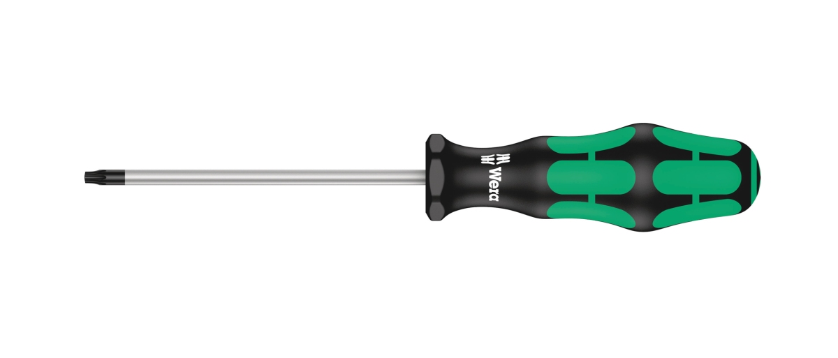 Torx® BO skruetrækker TX 30 fra WERA. Ø6,0 mm, 115 mm klinge, 105mm flerkomponent Kraftform greb, Wera Black Point-spids & sekskantet rullesikring.