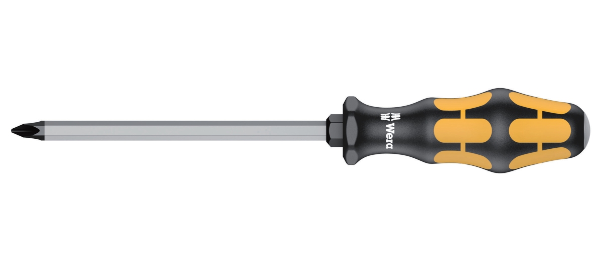 Skruetrækker krydskærvs PH3. Flerkomponent  kraftform greb. Sekskantet klinge (150 mm lang). Med slagkappe og sekskant til fastnøgle.
