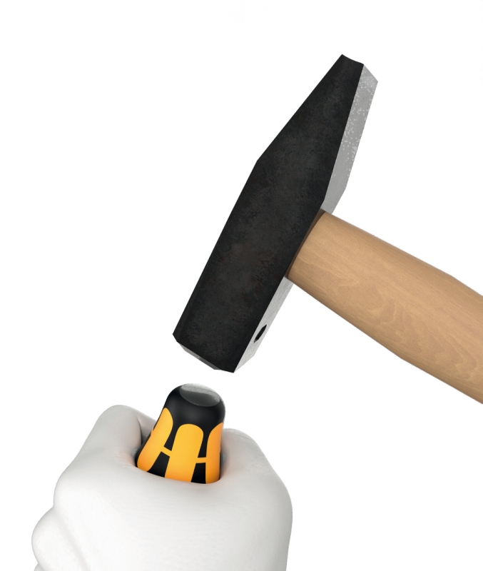 Skruetrækker lige kærv 0,8 mm. Flerkomponent  kraftform greb. Sekskantet klinge (90 mm lang). Med slagkappe og sekskant til fastnøgle.