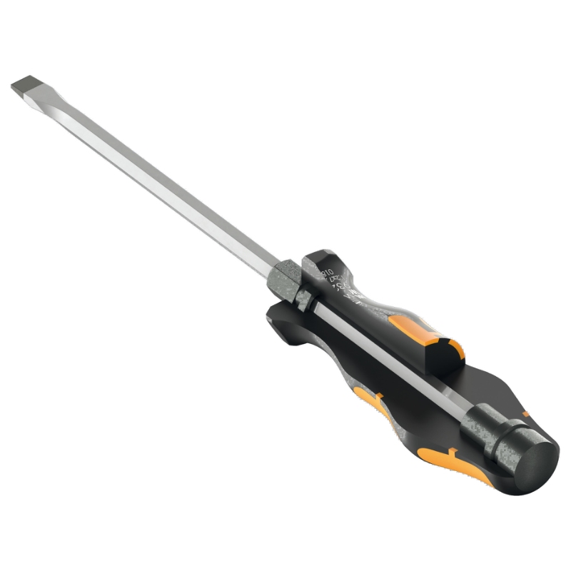 Skruetrækker lige kærv 0,8 mm. Flerkomponent  kraftform greb. Sekskantet klinge (90 mm lang). Med slagkappe og sekskant til fastnøgle.