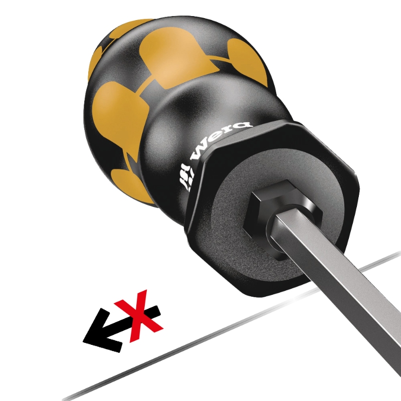 Skruetrækker lige kærv 0,8 mm. Flerkomponent  kraftform greb. Sekskantet klinge (90 mm lang). Med slagkappe og sekskant til fastnøgle.