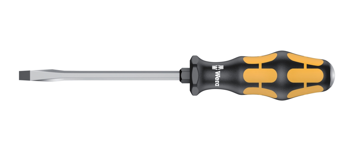 Skruetrækker lige kærv 1,2 mm. Flerkomponent  kraftform greb. Sekskantet klinge (125 mm lang). Med slagkappe og sekskant til fastnøgle.