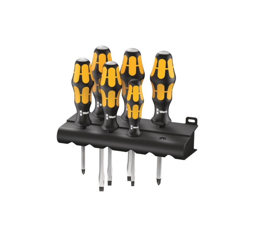 Skruetrækkersæt Wera 6 stk. inkl. en holder. 2 x krydskærvs (PH 1/ PH 2) og 4 x lige kærv. Med slagkappe til overførsel af større momenter.