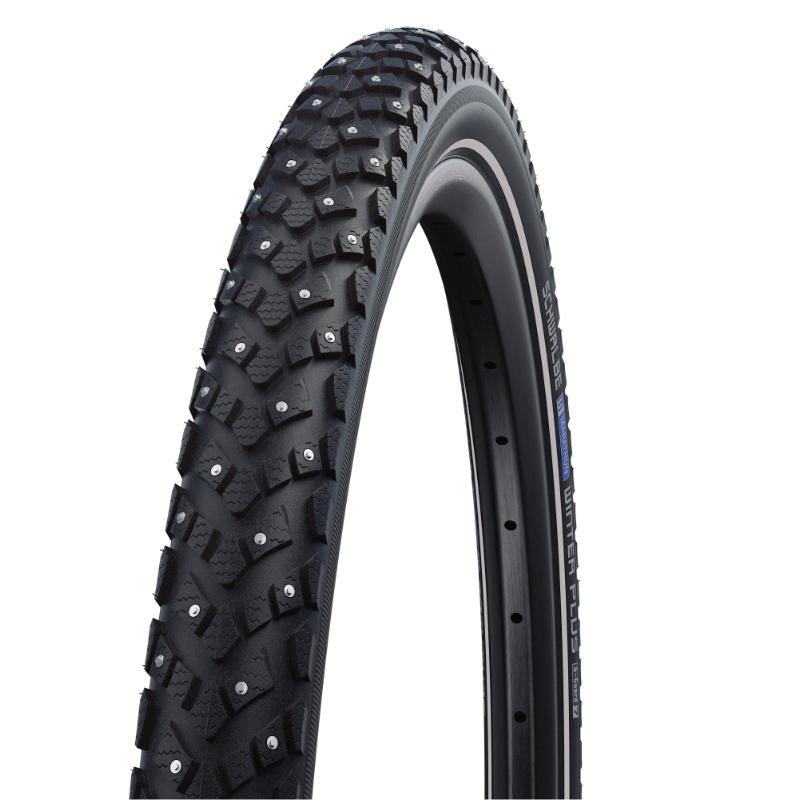 Dæk 700x35C Schwalbe Winter K-guard. 120 tungstens carbid pigge der kan udskiftes. Refleks dækside. 35-622