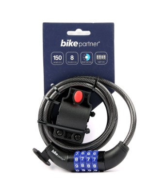 Spirallås sort BikePartner sikkerhedsniveau 4 1500x8mm m.valgfri kode/holder (10/40)