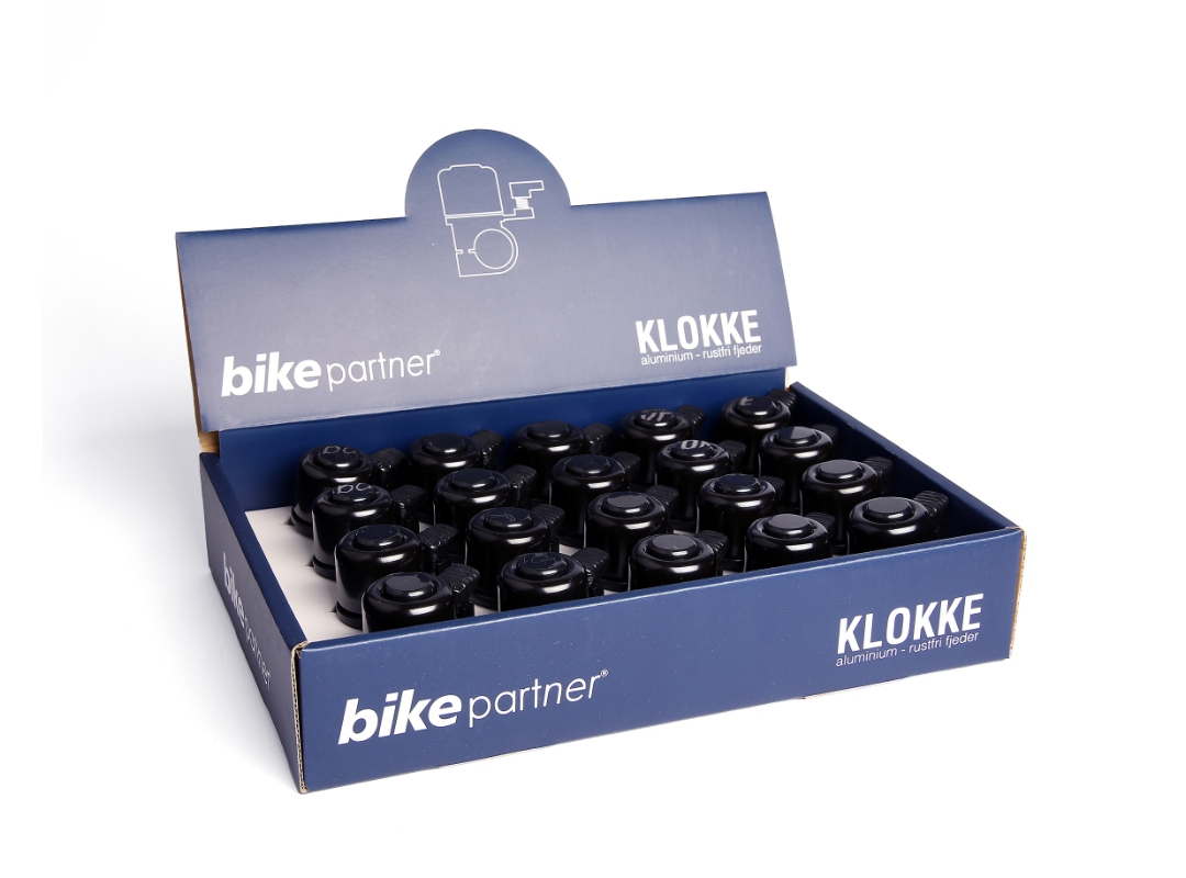 Bikepartner NUVO MINI klokke (sort) i aluminium. Klokken leverer op til 80 dB og den vejer  27 gr. Leveres i displayboks til disken (20 stk.)