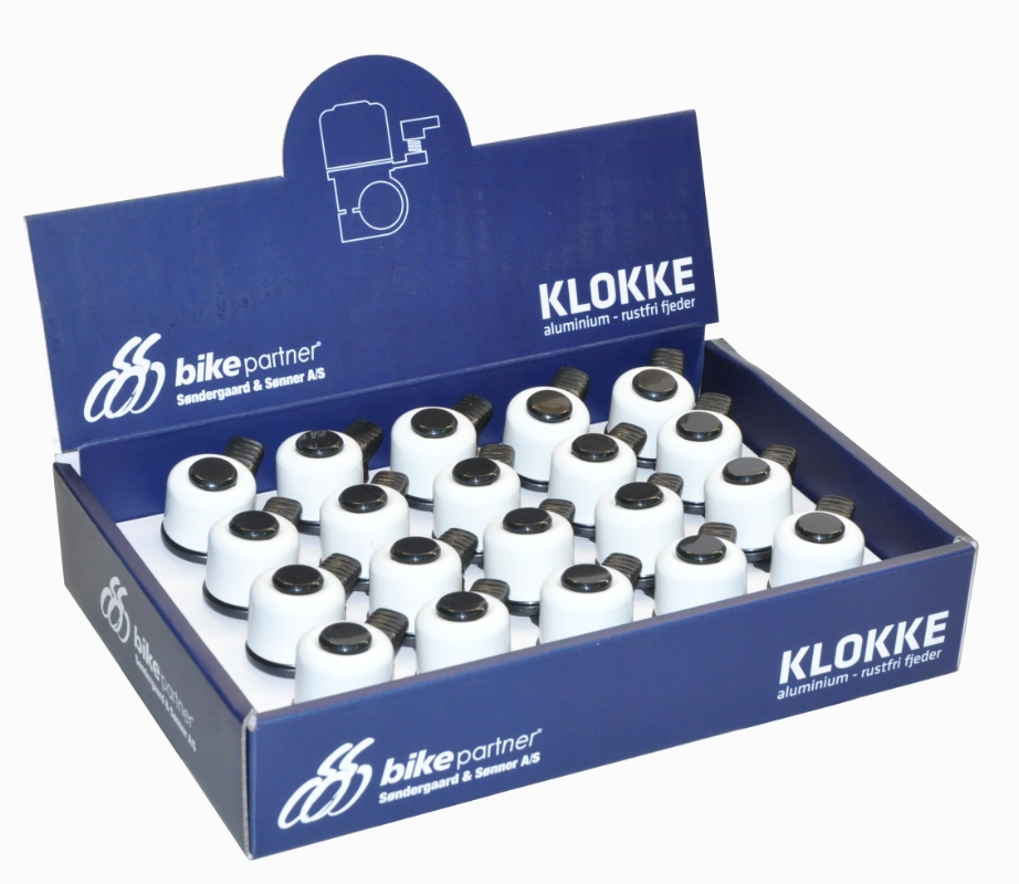 Klokke BikePartner NUVO MINI Alu Hvid m.skrue (20) Klokken leverer op til 80 dB og den vejer  27 gr.