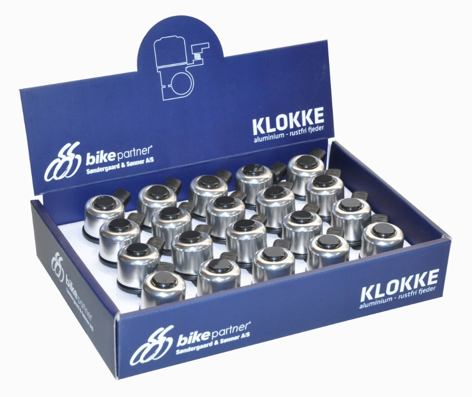 Bikepartner NUVO MINI klokke (sølv) i aluminium. Klokken leverer op til 80 dB og den vejer  27 gr. Leveres i displayboks til disken (20 stk.)