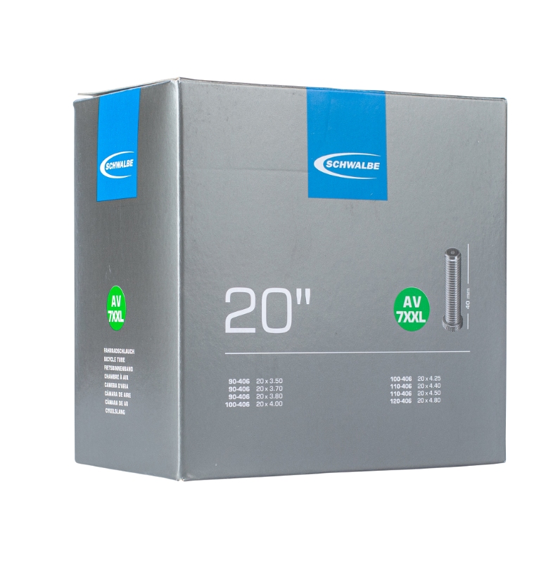 Slange Schwalbe 20X3.50-4.80  AV7XXL æske, AV40, vægt: 310 g. org. nr. 10464930 (90/120-406)