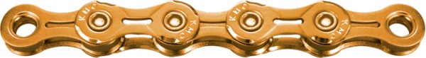 Kæde (gold) fra KMC model X10EL, 114 led. 10 speed Exttra Light (XL), vægt 253 g. Ti-N   Titanium Nitride coating, ultra glat overflade.