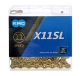 Kæde (gold) fra KMC model X11SL, 118 led. 11 speed super light (SL), vægt 256 g. Ti-N  Titanium Nitride coating, ultra glat overflade.
