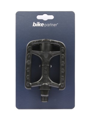 BikePartner pedalsæt 9/16. Holdbar og let pedal støbt i ét stykke, kompositmateriale, stål aksel & dobbelt reflekser. Vægt: 320 g (sæt).
